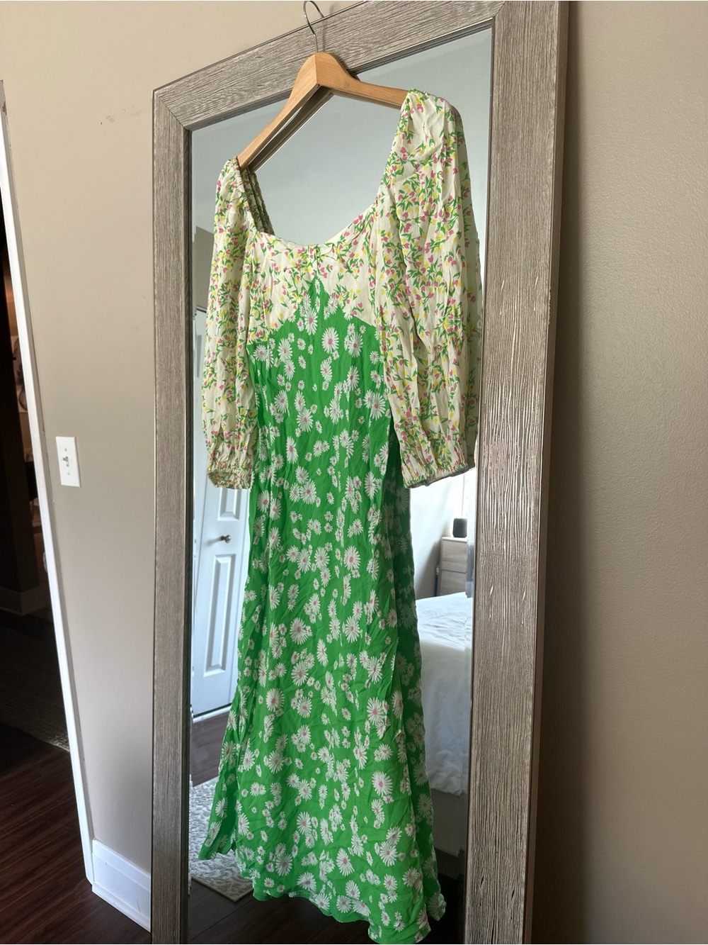 Rixo x Target Green Floral Slip Midi Dress 3/4 Puff Sleeve NWT Size 4 Small